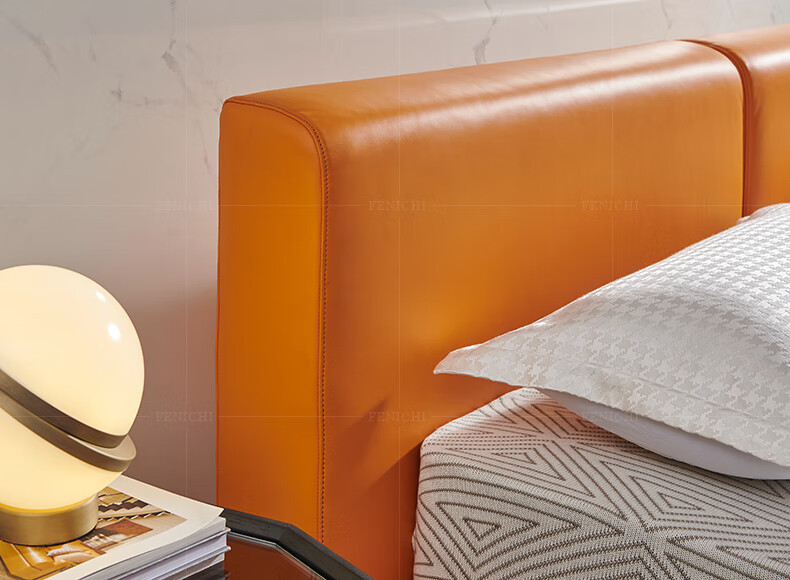 8米橙色北欧现代皮艺主卧婚床软靠轻奢卧室家具 意式极简 【床】