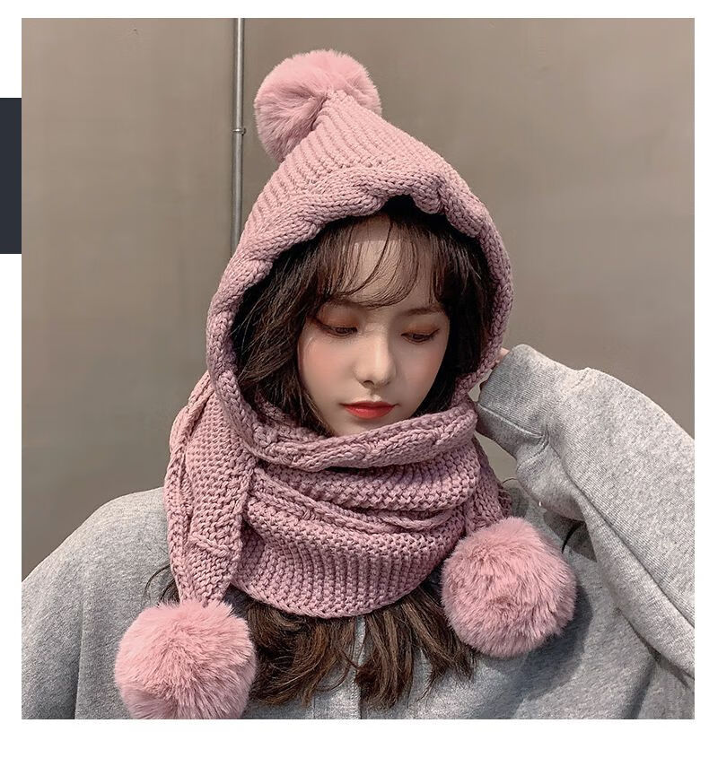 新品围巾帽子一体 成人毛线帽子冬天女高颜值围巾一体洋气上档次针织