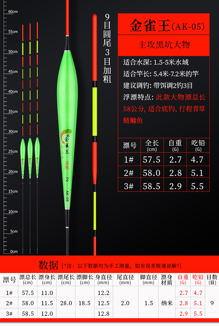 黄金眼金雀王大物漂k-888纳米青鱼漂黑坑湖库巨物漂鲢鱼漂3目加粗浮漂