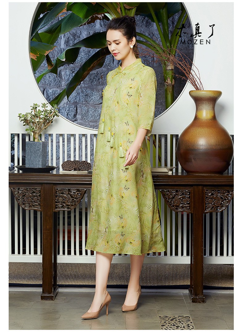 木真了中式女装2020春新款复古改良七分袖连衣裙女中长款 912 12色 m