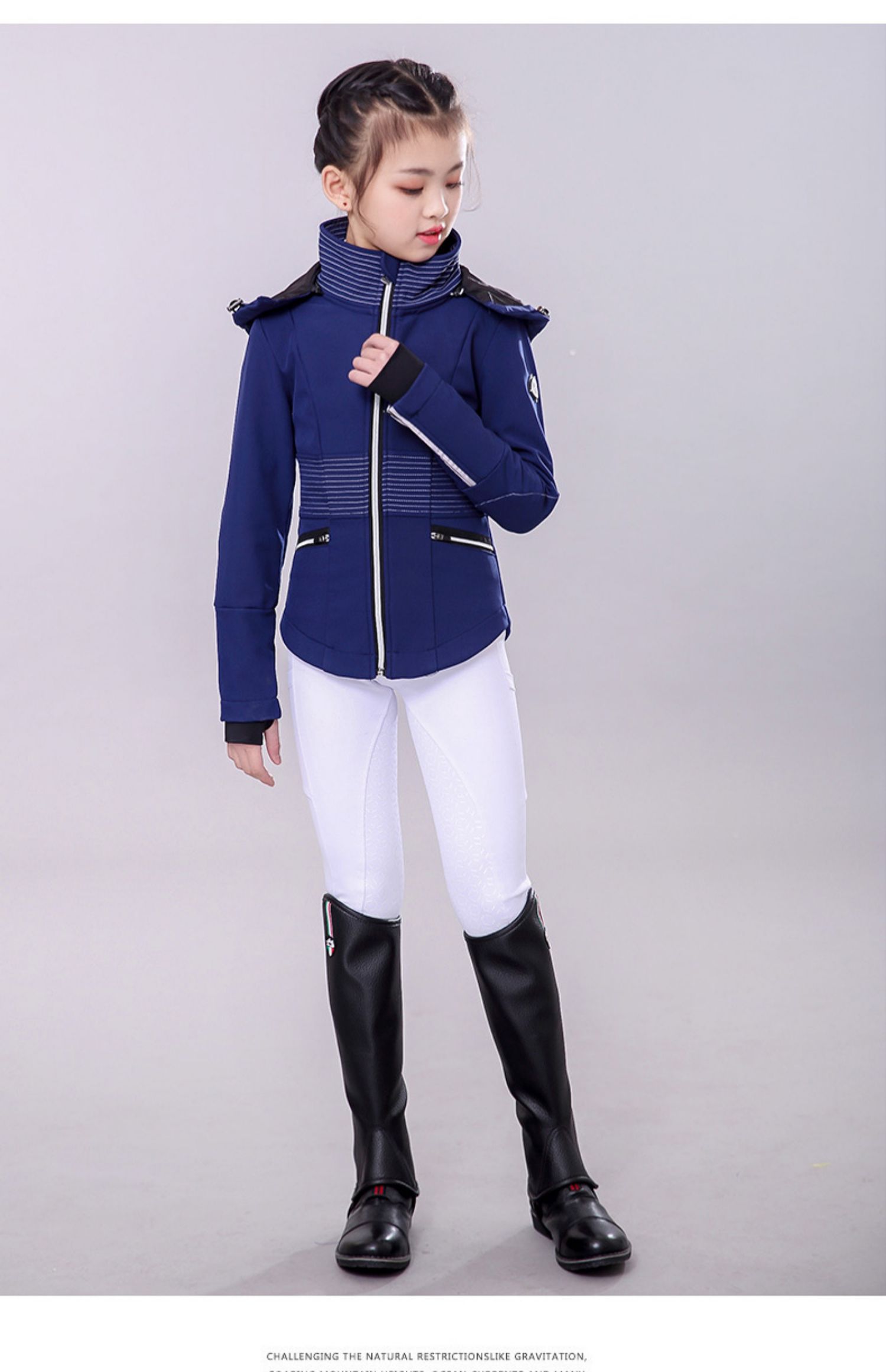 冬季儿童马术外套训练上衣加绒保暖马术服装加厚高弹骑马装男女款藏青