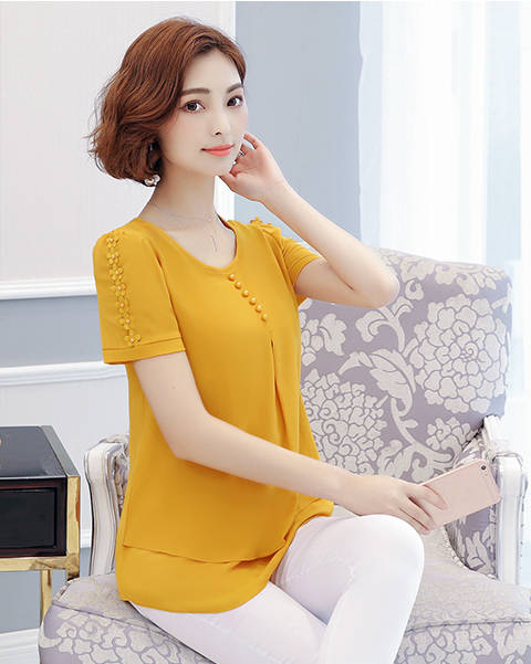 遮肚子雪纺衫短袖女2020新款夏季韩版宽松上衣服显瘦女士洋气小衫 墨