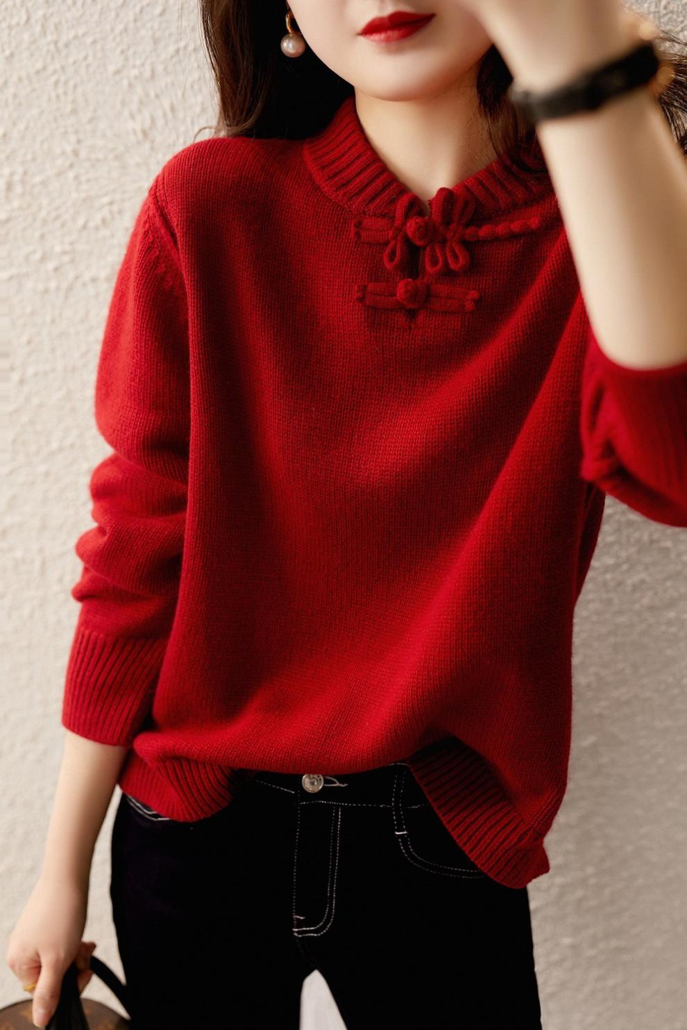 针织打底衫女秋冬设计感小众80210斤红色毛衣女过年装打底衫冬百搭