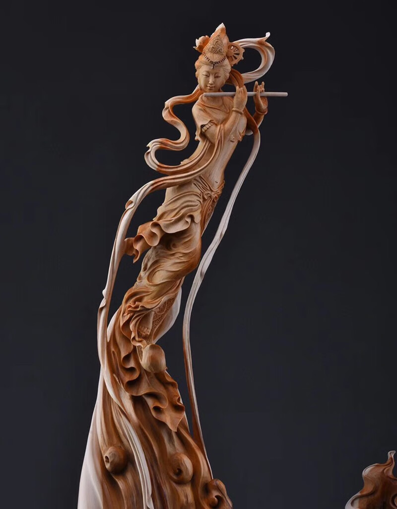 锋纯崖柏女神美女人物山水摆件敦煌飞天雕刻雕塑定制木雕实木真人艺术