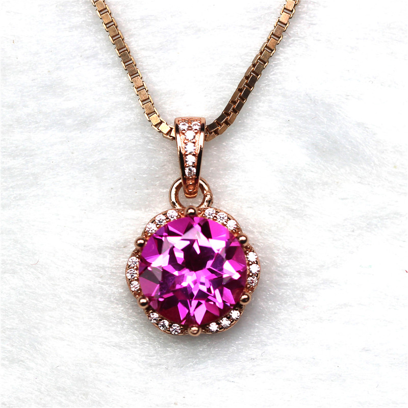 圆形玫红碧玺吊坠银镶嵌女款日韩版彩色宝石银镀玫瑰金色甜美白金色主