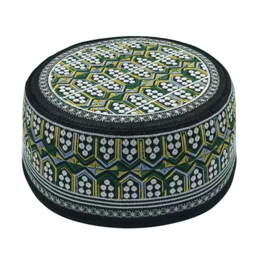 礼拜帽帽子新款回族帽子礼拜帽男士沙特帽子平顶圆边绣花帽子红孔黄线