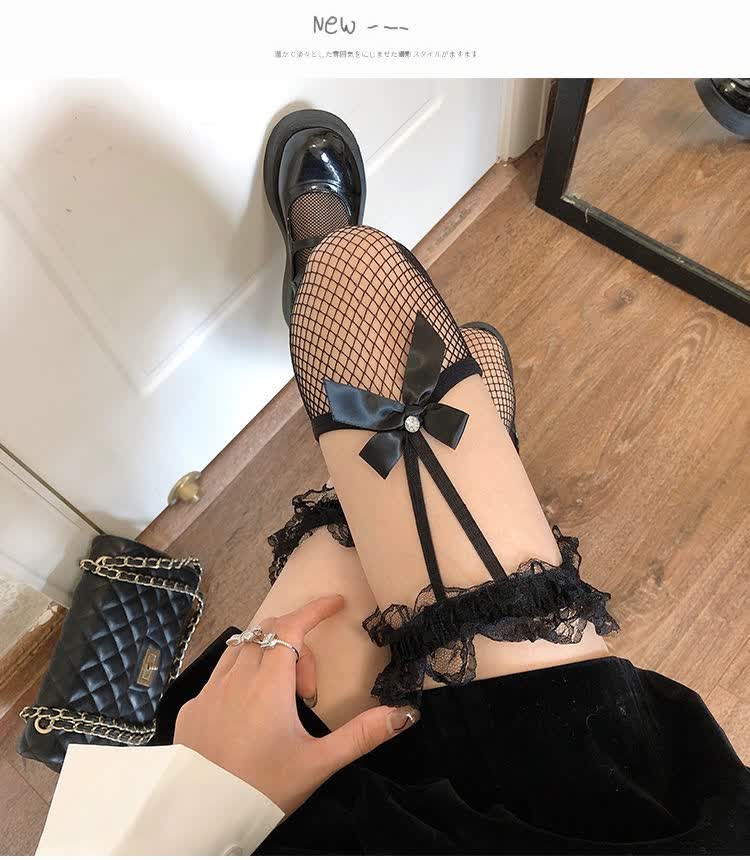 黑色腿环长筒丝袜高筒过膝丝袜渔网袜吊带蕾丝花边蝴蝶结袜子女 定制