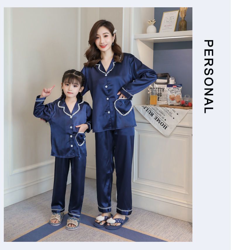 时尚亲子装亲子春秋长袖装母女儿童冰丝睡衣女童夏季公主套装薄款丝绸