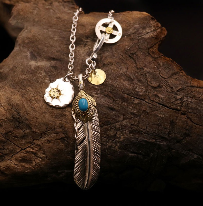 凡丘珠宝高桥吾郎goros925银蓝松石羽毛中号银饼套链明星同款18k金款