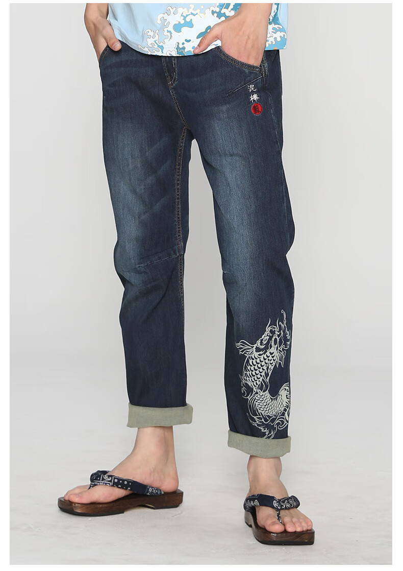 oniarai鬼洗2022春季新品泥棒蓝招福鲤多袋绣花水洗牛仔裤男潮牌弯腿