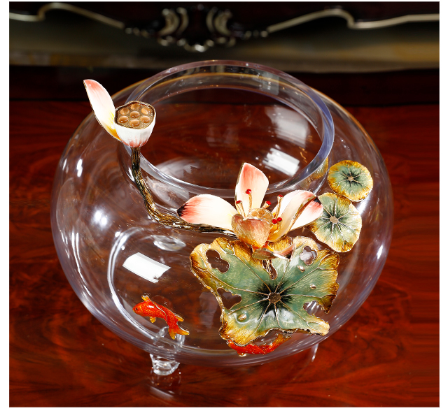 珐琅彩圆形玻璃大鱼缸客厅桌面小型装饰摆件创意养金鱼乌龟缸恒缘荷气