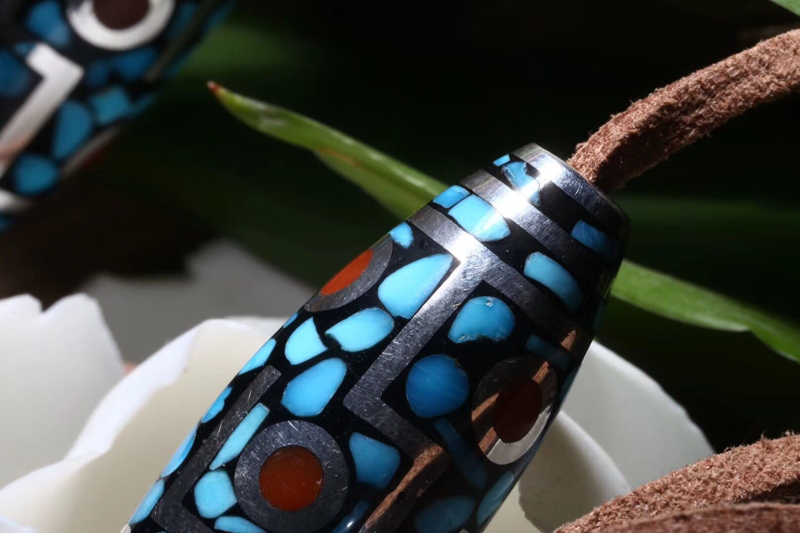 文玩手工银镶嵌美乌兰花绿松石南红九眼天珠吊坠项链男女款会转九眼