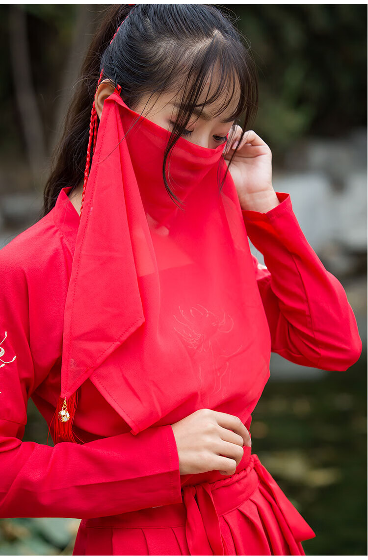 汉服古代古风面纱遮脸半透飘逸舞蹈表演头饰古装配饰面帘同款素面红纱