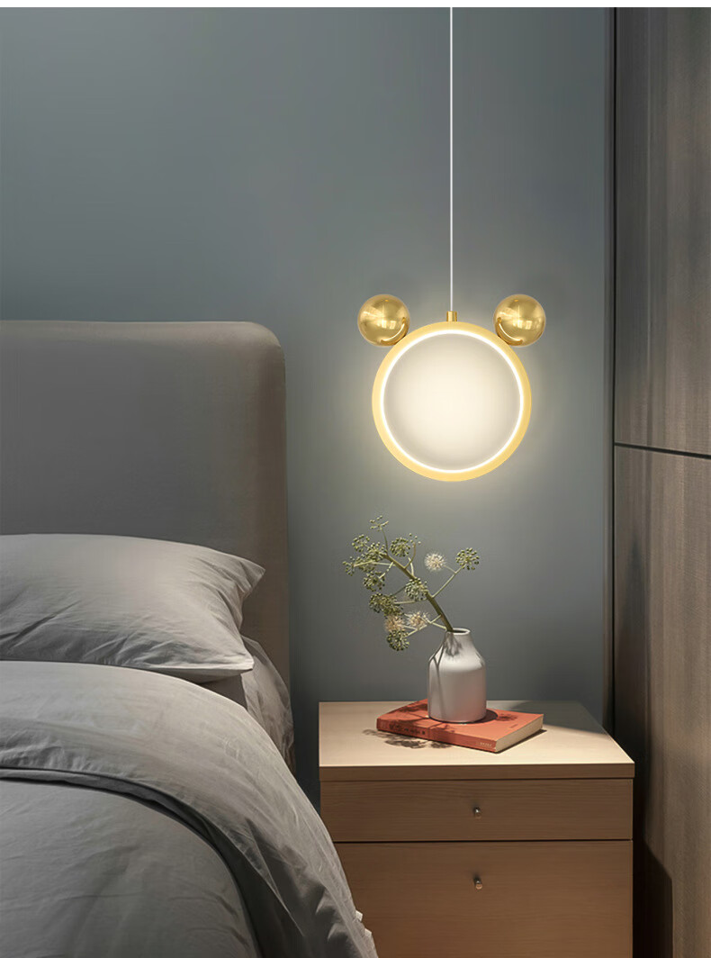 床头吊线灯全铜儿童房床头吊灯北欧男女孩卧室房间卡通可爱米奇小吊线