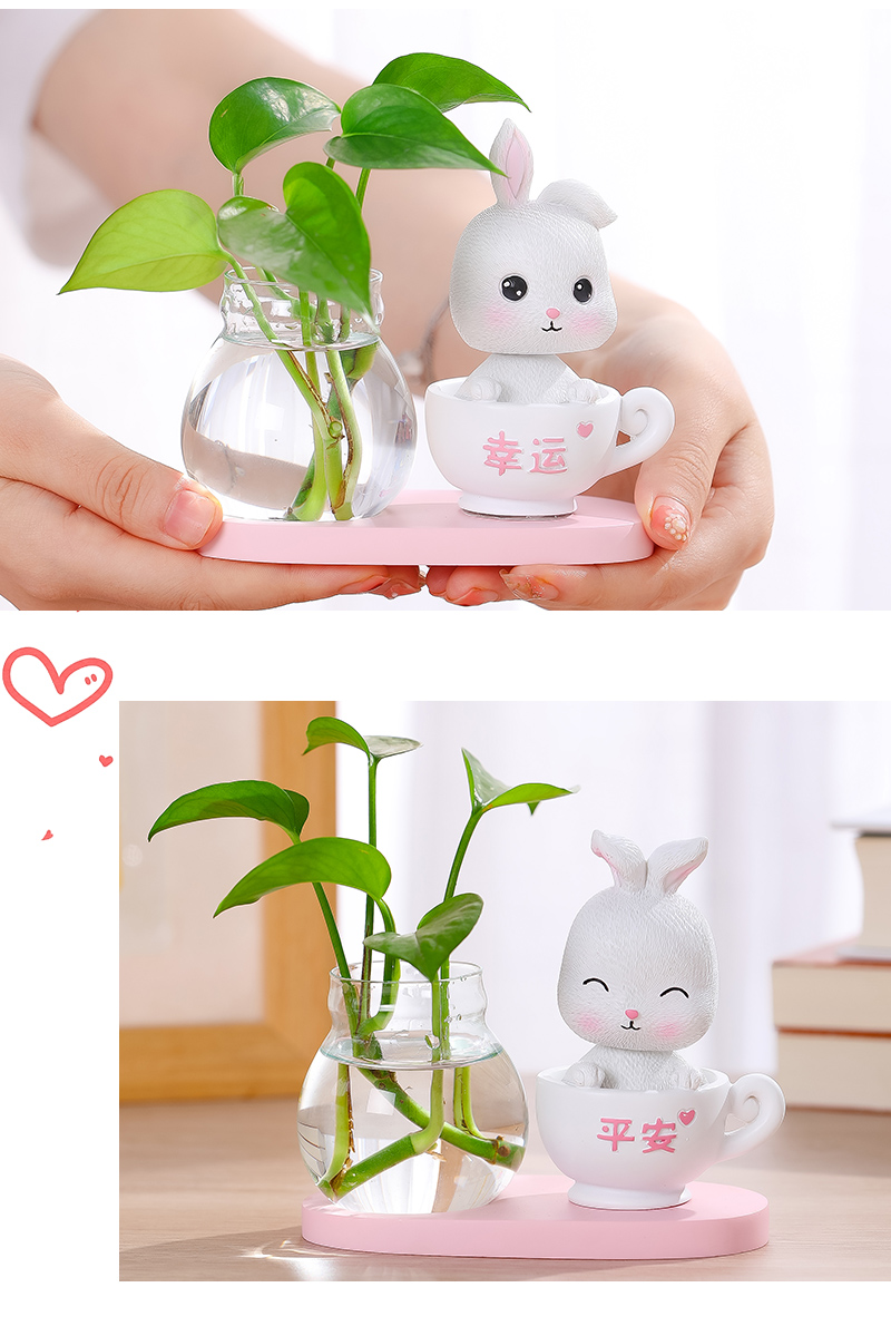 日系治愈兔子小摆件创意客厅卧室家居装饰品摆设桌面水培幸运兔粉色