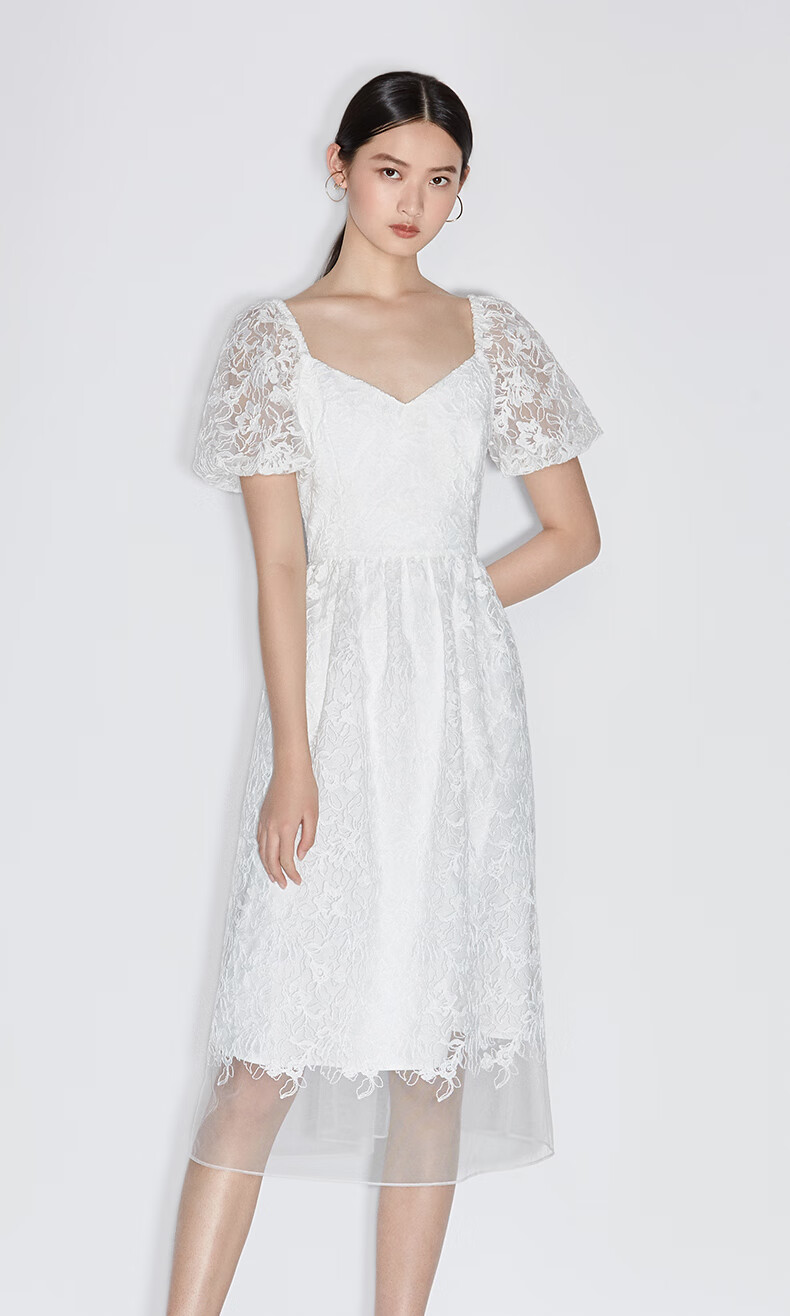 ochirly欧时力新款夏装泡泡袖蕾丝网纱连衣裙女 漂白000 m【图片 价格