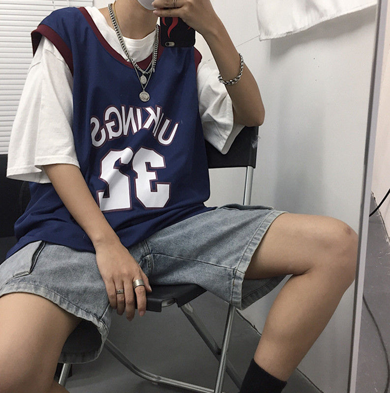 港味文艺男篮球背心女情侣装夏装街头球衣女宽松外穿bf风运动套装外穿