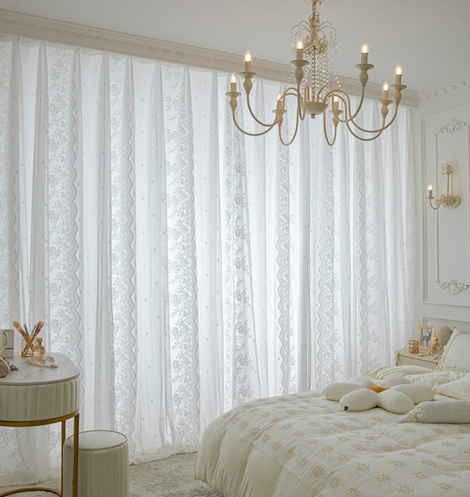 奴诗漫双层公主风法式轻奢白色蕾丝米色纱帘透光不透人卧室ins飘窗帘