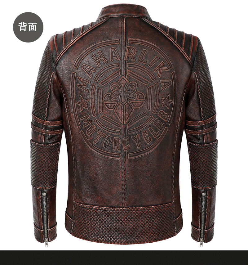 哈雷复古皮夹克骑行服新款机车头层牛皮皮衣男士重度做旧修身皮外套红