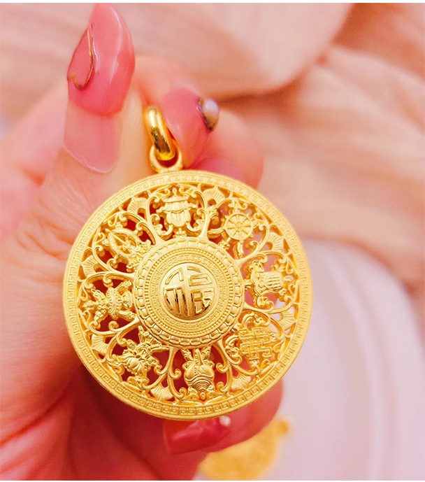 老凤凰古法金八宝罗盘黄金吊坠挂绳男士挂坠项链女999足金花丝首饰