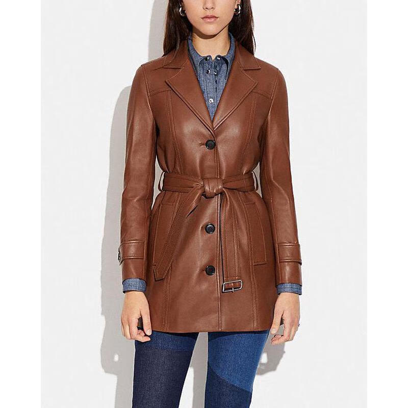 coach蔻驰 奢侈品女装经典皮革中长款风衣时尚英伦经典款女士外套