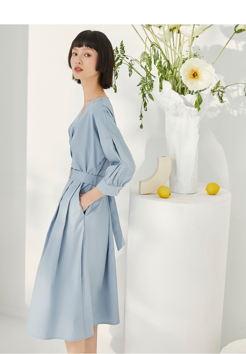 紫淑v领收腰a字中长款连衣裙夏季新款简约百搭休闲七分袖衬衫裙 灰蓝