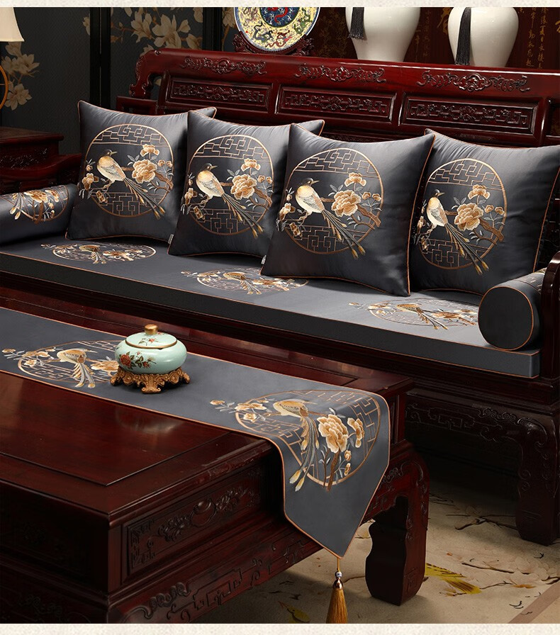 实木沙发垫子套罩海绵垫子中式三人位家具坐垫四季通用防滑沙发垫鸟语