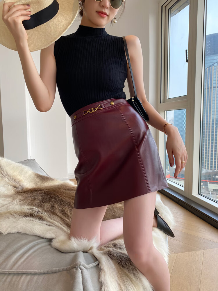 海宁真皮裙子短款女士秋冬季高腰绵羊皮女裙真皮半身裙短裙皮裙 黑色