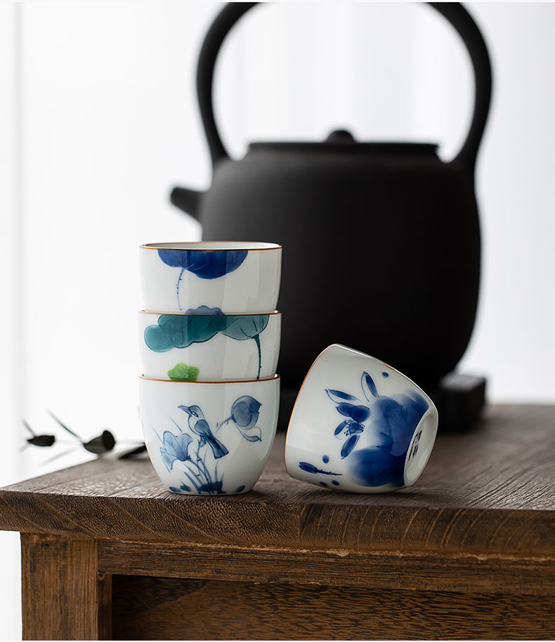 釉下彩手绘茶杯品茗杯茶盏陶瓷杯子甜白瓷个人杯单