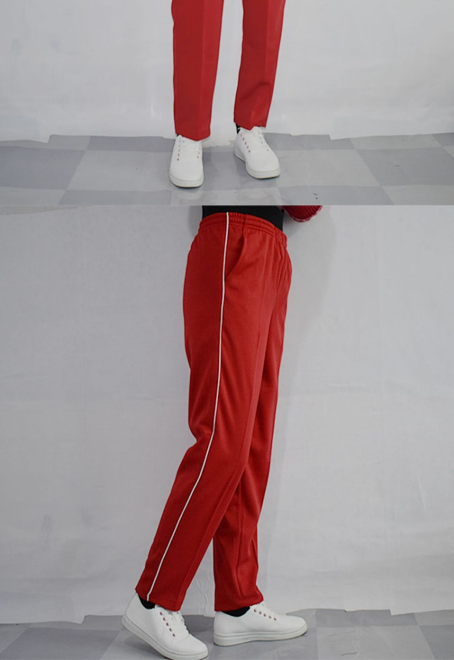 哲别红色校服裤子束脚男女初中小高中学生两条杠一条双杠白边加绒校裤