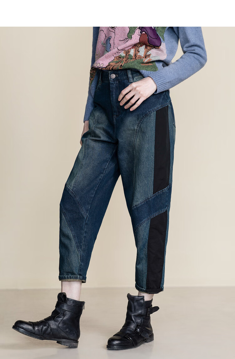 达衣岩复古休闲牛仔裤2021冬季新款洋气显瘦流行拼接女裤怀思灰蓝m