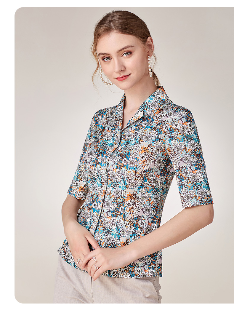 moreline沐兰夏装衬衫女气质翻领修身微弹针织印花衬衫舒适绿白花42xl