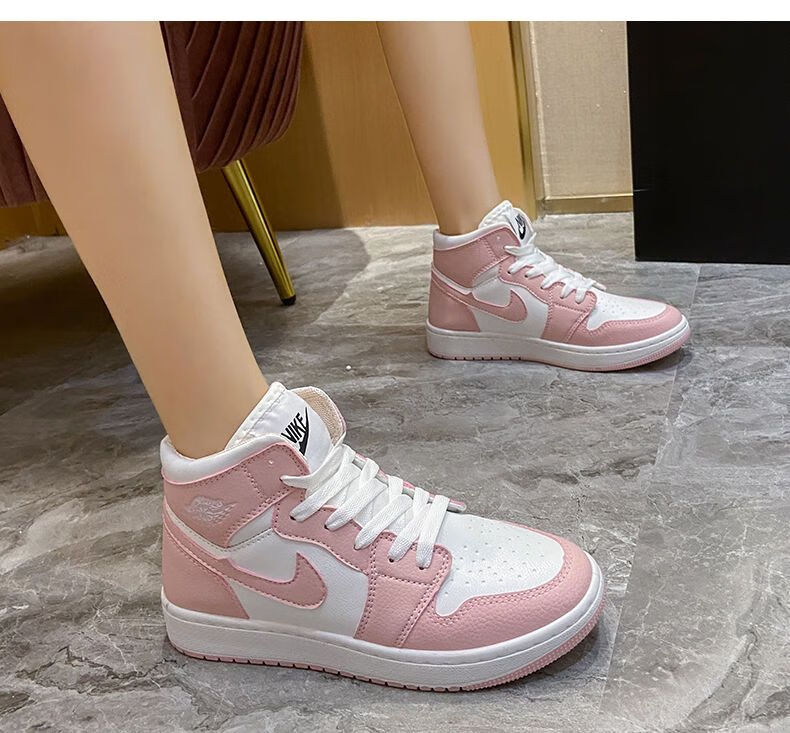 aj女鞋樱花粉高帮板鞋女学生空军一号运动鞋粉色马卡龙休闲鞋 粉色 35