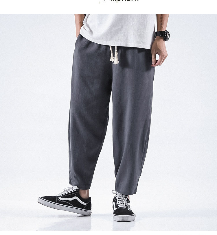 翠俊2020春夏新款中国风亚麻萝卜裤阔腿九分裤棉麻坠感薄休闲裤男深