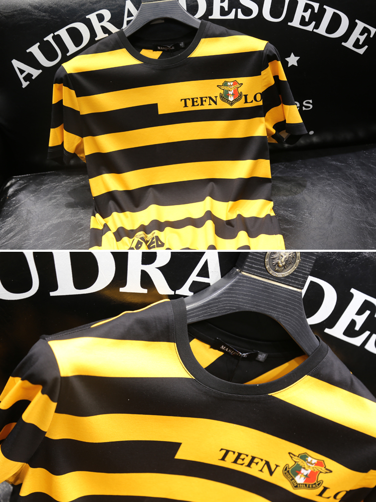 npz 麦兜兜香港潮牌2020夏季欧货双丝光棉老鹰盾牌字母印花粗条纹印花