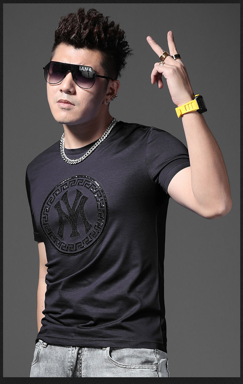 hteec香港潮牌丝光棉短袖t恤男刺绣图案夏季修身潮流型男衣服体恤打底