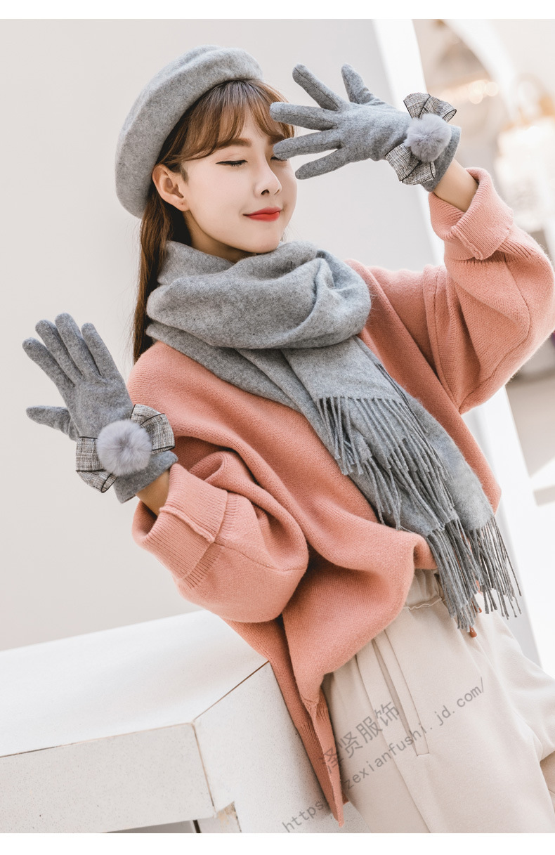 2019新款秋冬季帽子围巾手套羊绒三件套女韩版可爱围脖帽一体礼盒套装