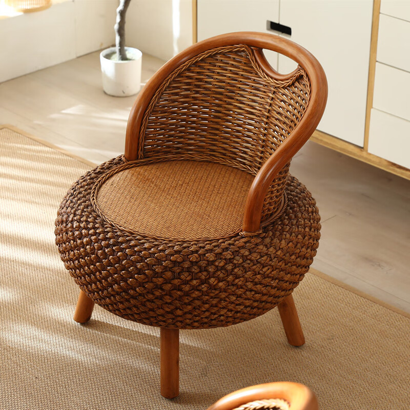 藤椅躺椅阳台座椅靠背家用藤编椅子田园编织小椅无腿咖啡椅子坐高20