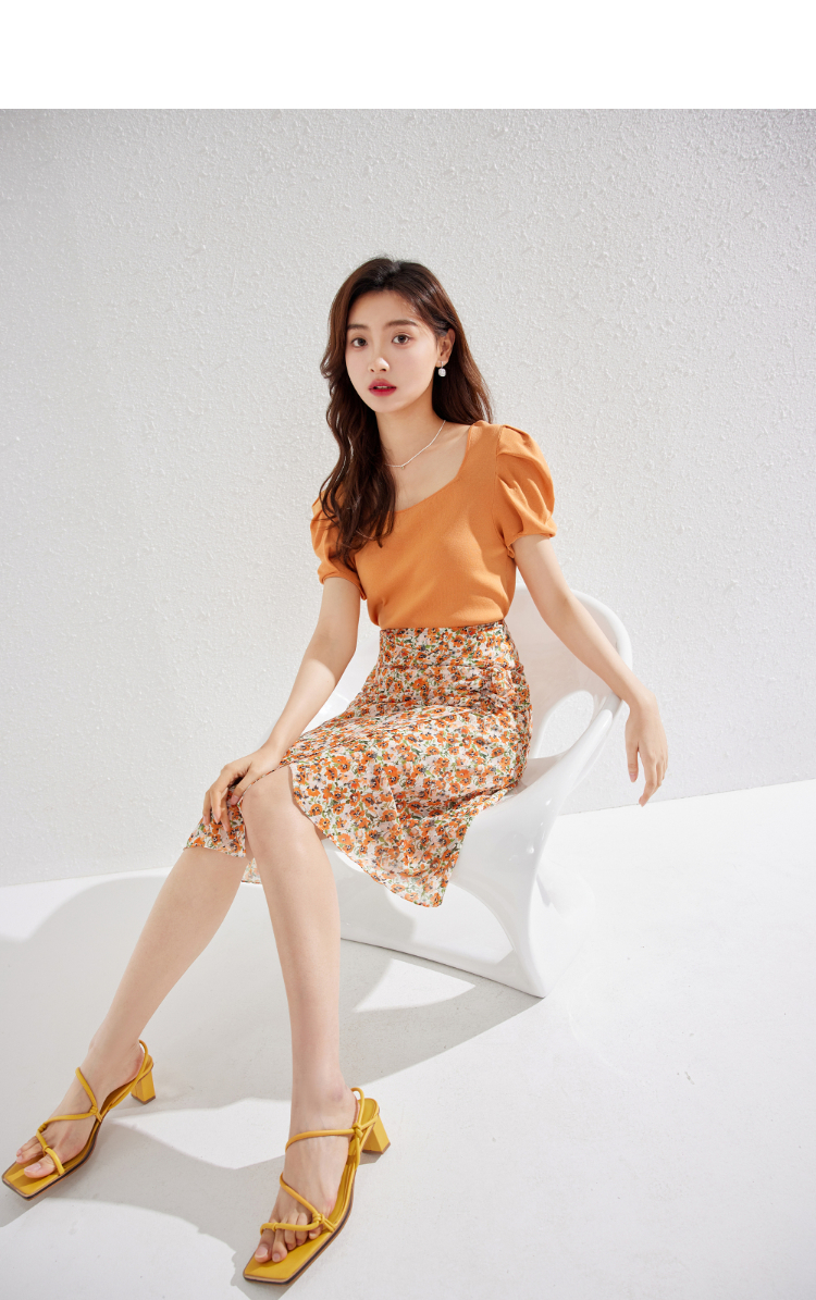 秋水伊人法式浪漫半身裙2022女款新款夏碎花高腰裙子潮桔色xl
