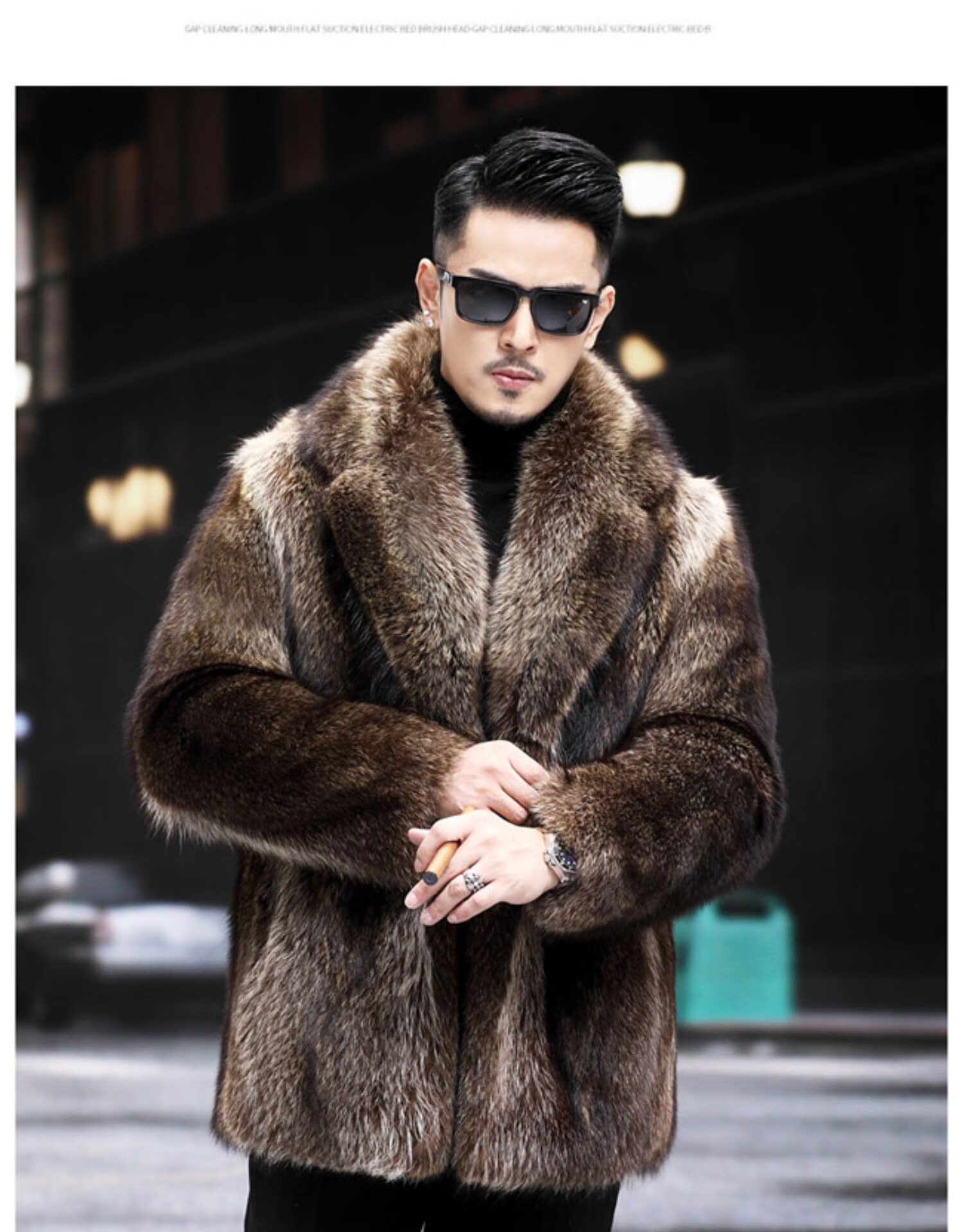 罗蒙官方自营旗舰店 皮草外套男款貂皮大衣中长款仿裘皮狐狸毛中长款