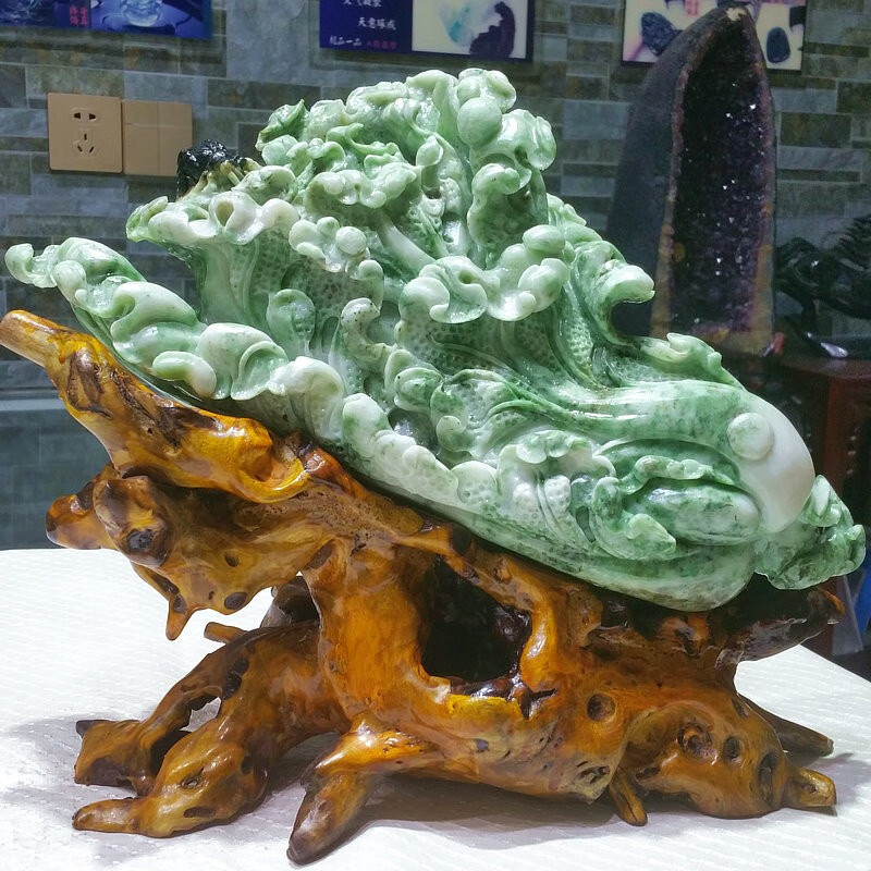 玉白菜摆件天然南阳独山玉原石雕刻手工孤品遇百财中式书房办公室摆设
