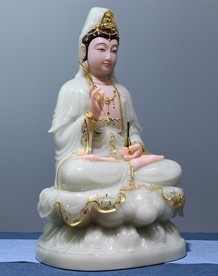佛像汉白玉观音佛像家用供奉娑婆三圣观世音菩萨玉石神像摆件12寸观音