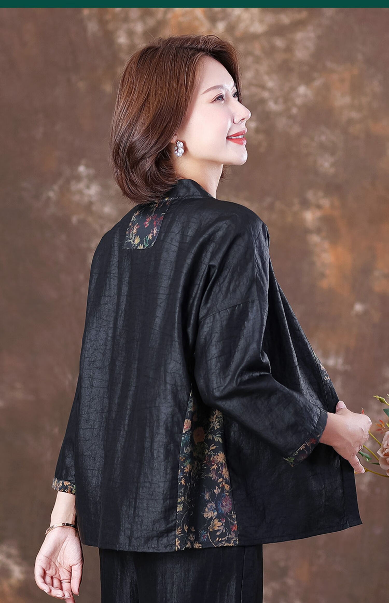 黑色龟裂纹高端香云纱上衣女春秋新款2021真丝桑蚕丝开衫正品大牌黑色