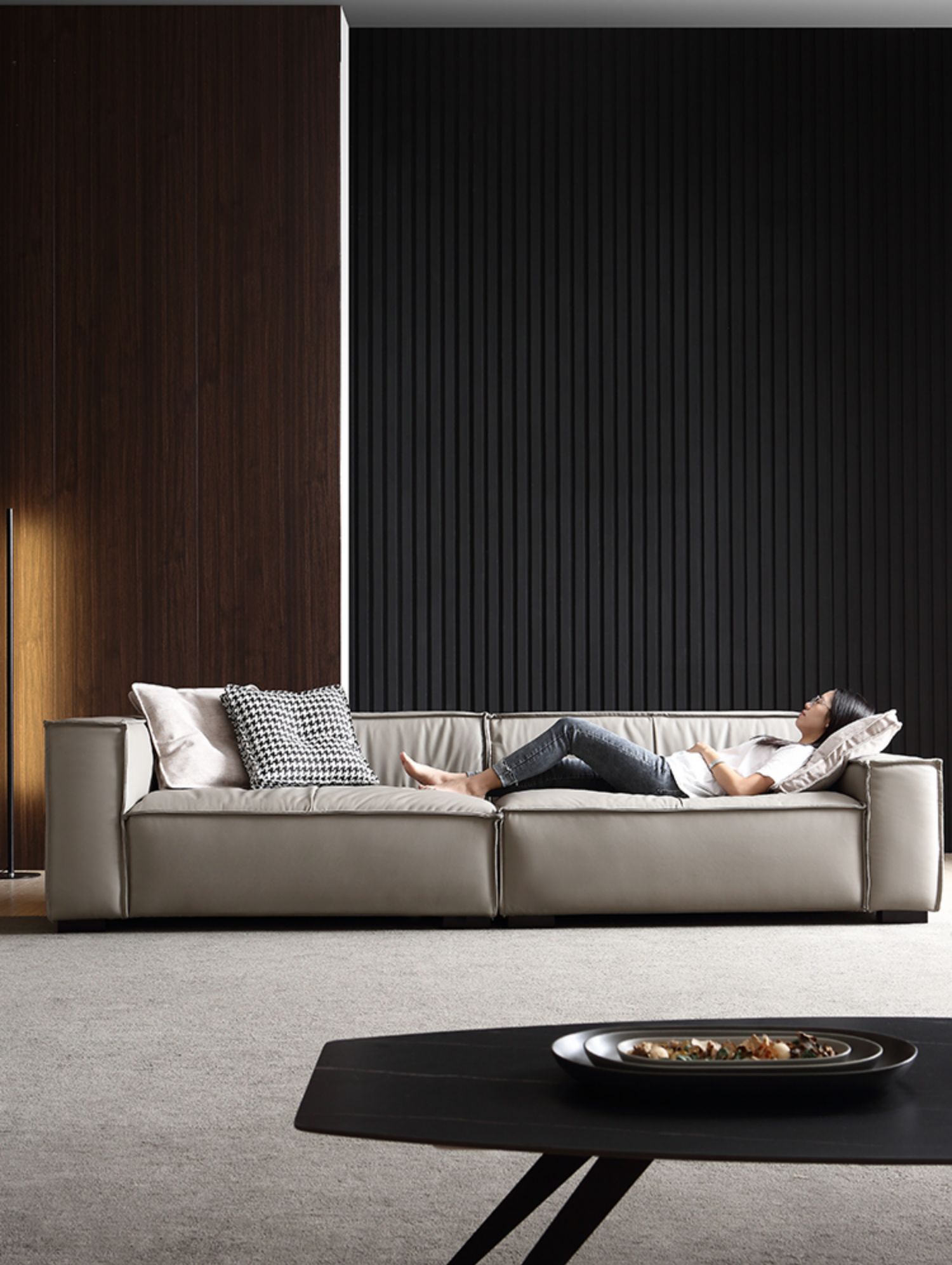 小户型真皮沙发意式极简客厅三四人位直排皮沙发北欧豆腐块沙发单人位