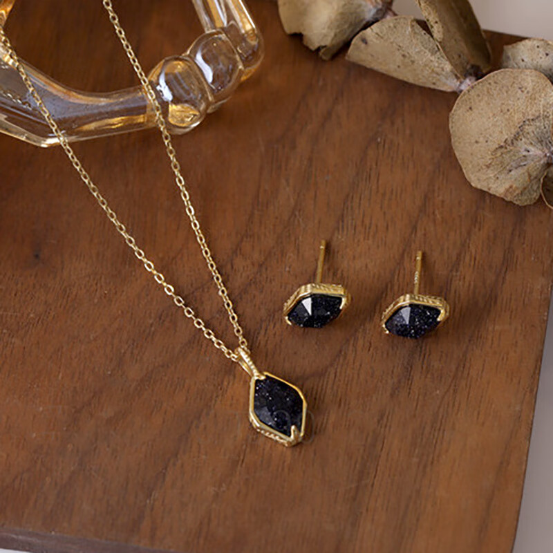 s925银镀金 紫金石 夜星空 梯形 项链 吊坠 耳钉 套装 紫金石项 