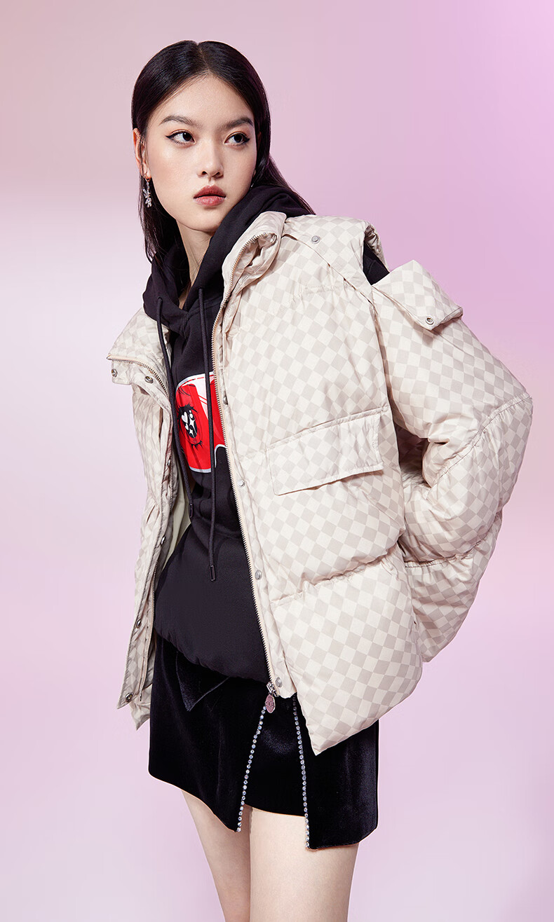 ochirly欧时力羽绒服女2022新款秋冬立领两穿棋盘格时尚保暖外套 绿色