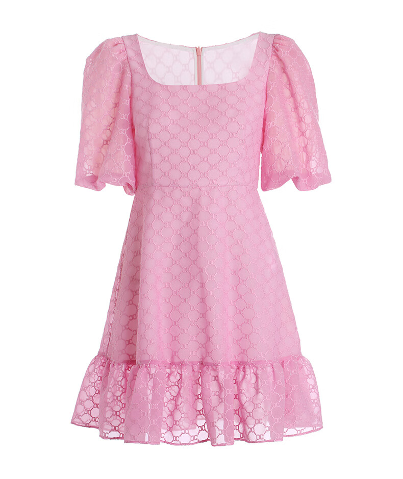 ochirly欧时力刺绣花边灯笼袖a字连衣裙 玫红130 xs【图片 价格 品牌