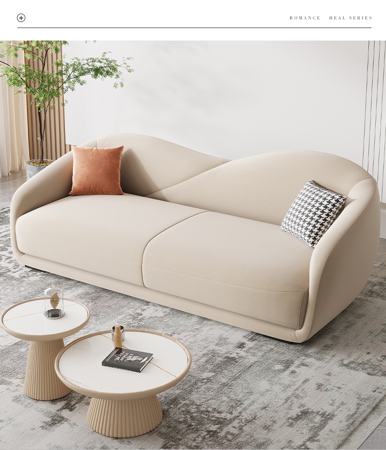 索菲奈 布艺沙发 科技布沙发 侘寂风奶咖色绒布简约现代意式轻奢弧形