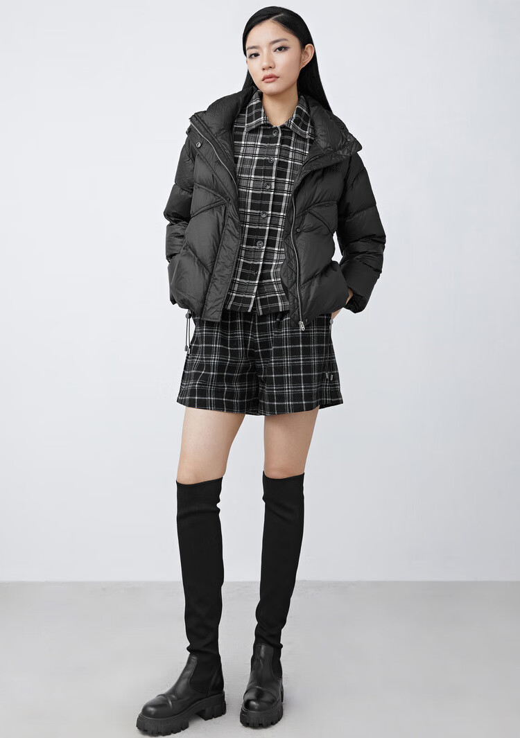 sdeer圣迪奥2021冬季新款女装高领连帽格纹拼接假两件短款羽绒服女s2