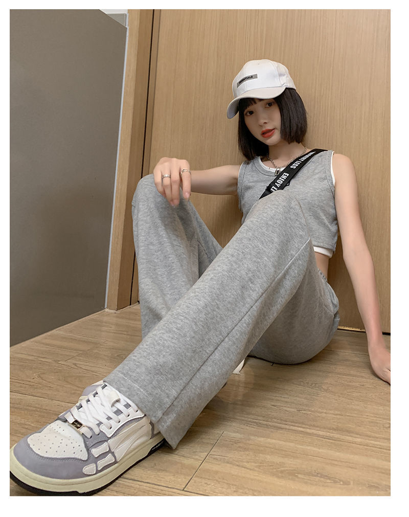 运动阔腿裤女高腰垂感夏季薄款2022年新款宽松直筒休闲卫裤加长款黑色